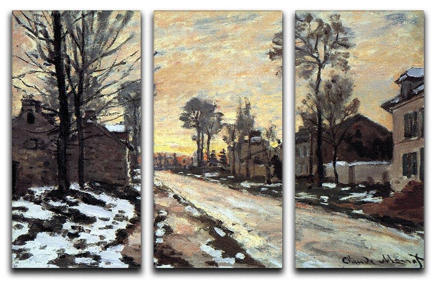 Three-panel canvas art featuring Monet's Road to Louveciennes with children playing in the snow at sunset.